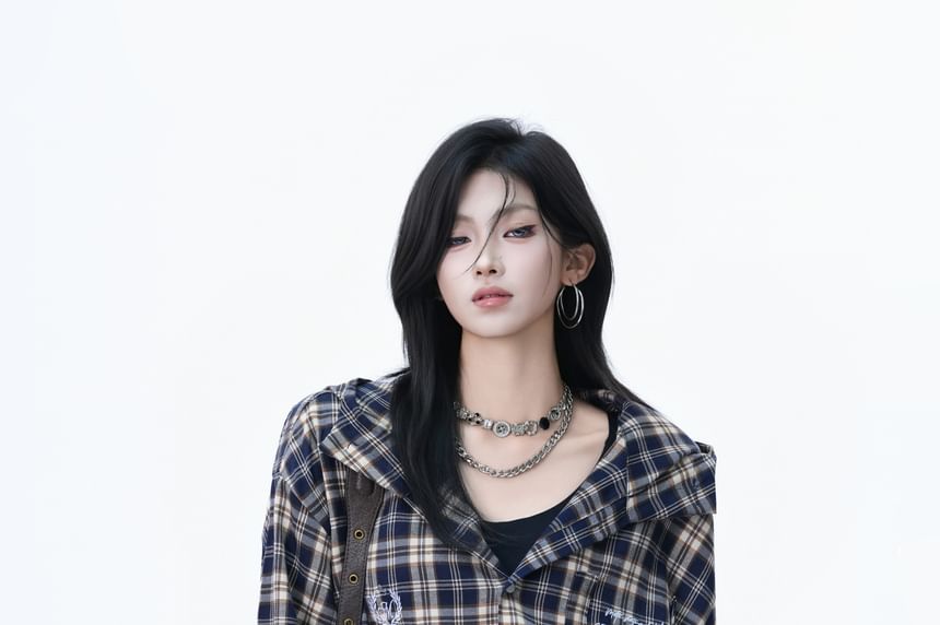 Hooded Plaid Button-Up Shirt with Long Sleeves