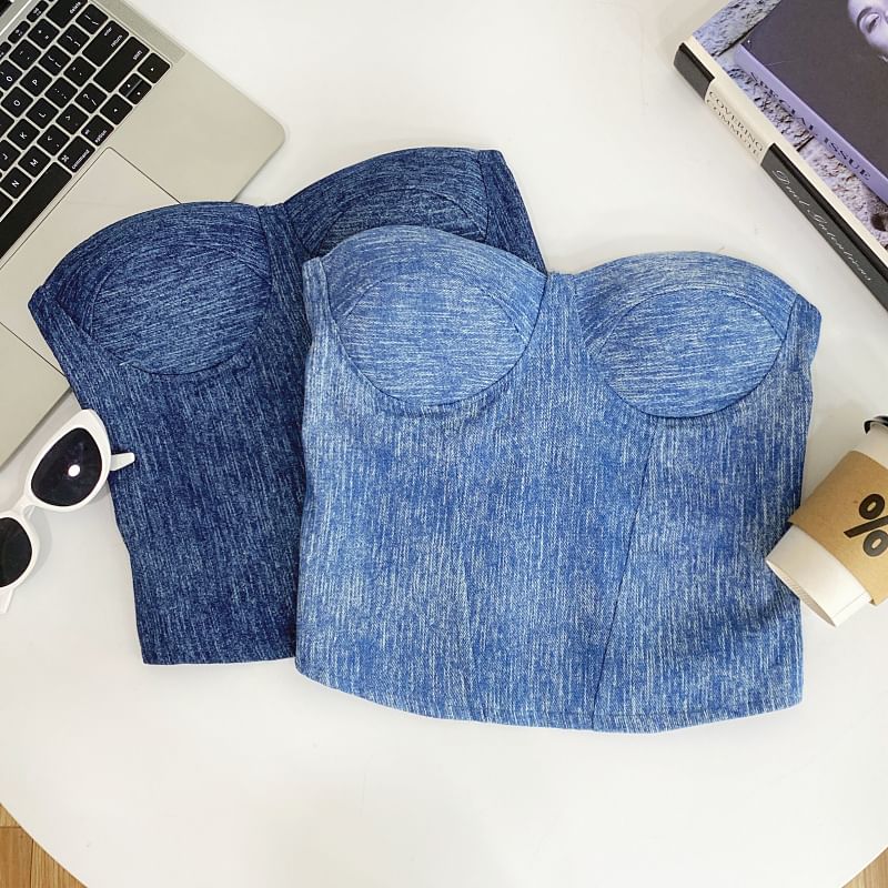Denim Fabric Tube-Style Strapless Bustier Top