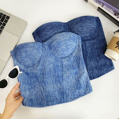 Denim Fabric Tube-Style Strapless Bustier Top