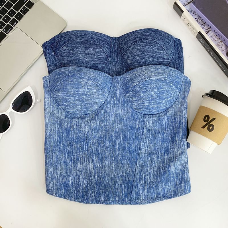 Denim Fabric Tube-Style Strapless Bustier Top