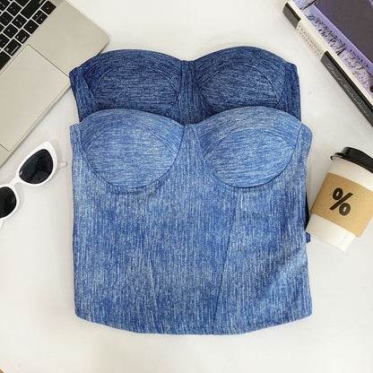 Denim Fabric Tube-Style Strapless Bustier Top