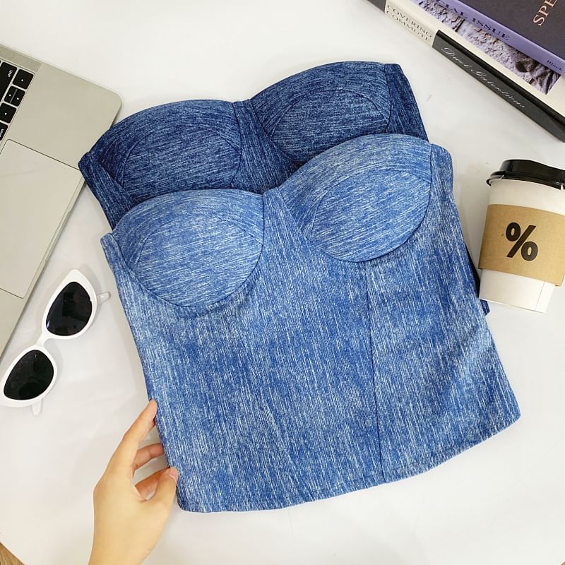 Denim Fabric Tube-Style Strapless Bustier Top