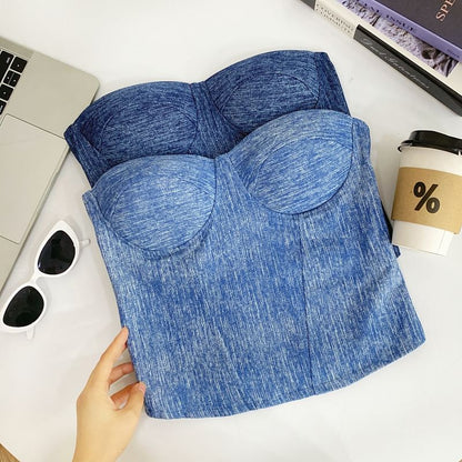Denim Fabric Tube-Style Strapless Bustier Top