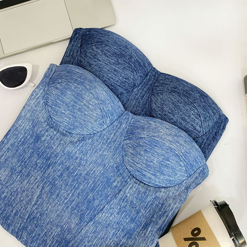 Denim Fabric Tube-Style Strapless Bustier Top