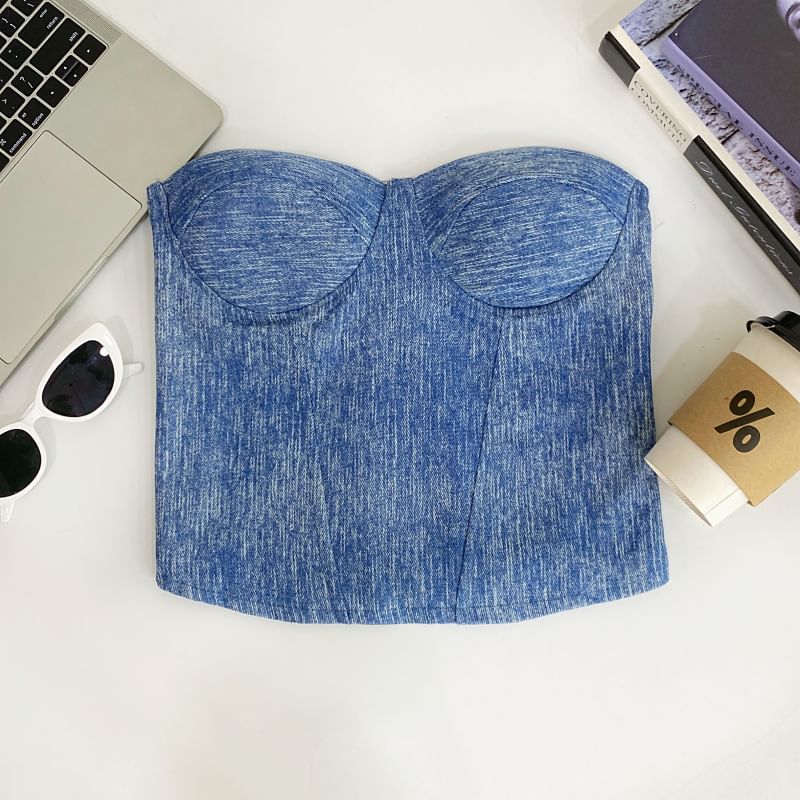 Denim Fabric Tube-Style Strapless Bustier Top