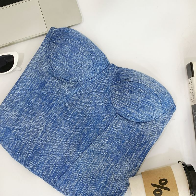 Denim Fabric Tube-Style Strapless Bustier Top