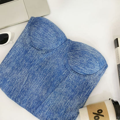 Denim Fabric Tube-Style Strapless Bustier Top