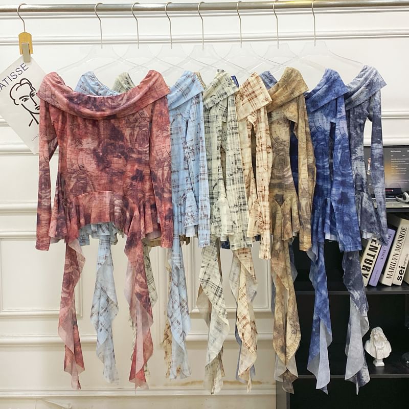 Tie-Dye Off-Shoulder Ruffle Edge Tee with Long Sleeves