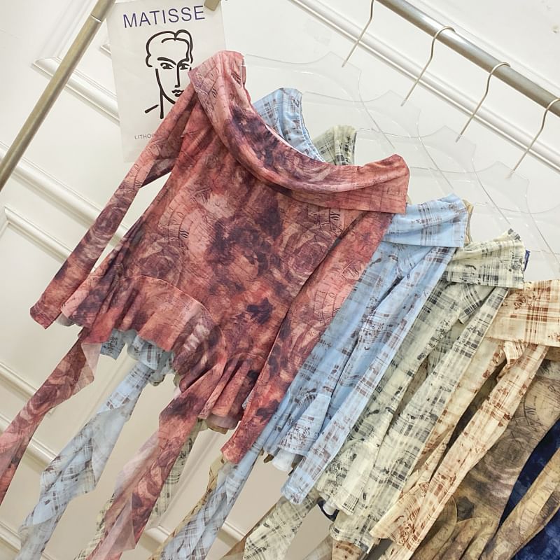 Tie-Dye Off-Shoulder Ruffle Edge Tee with Long Sleeves