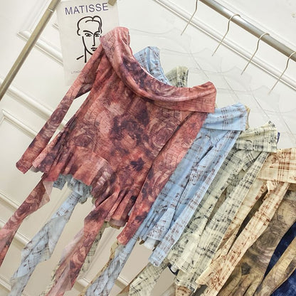 Tie-Dye Off-Shoulder Ruffle Edge Tee with Long Sleeves
