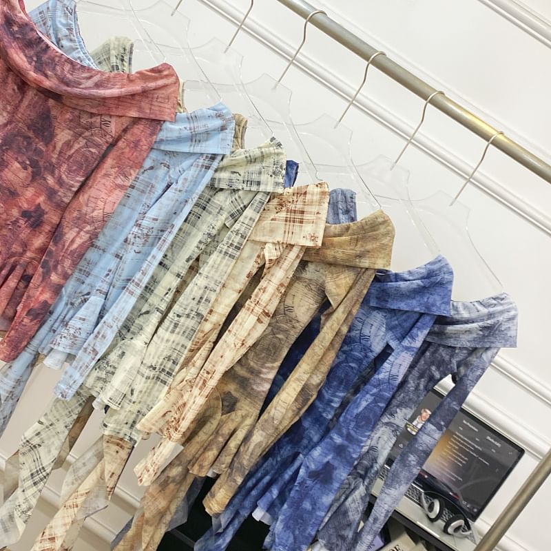 Tie-Dye Off-Shoulder Ruffle Edge Tee with Long Sleeves