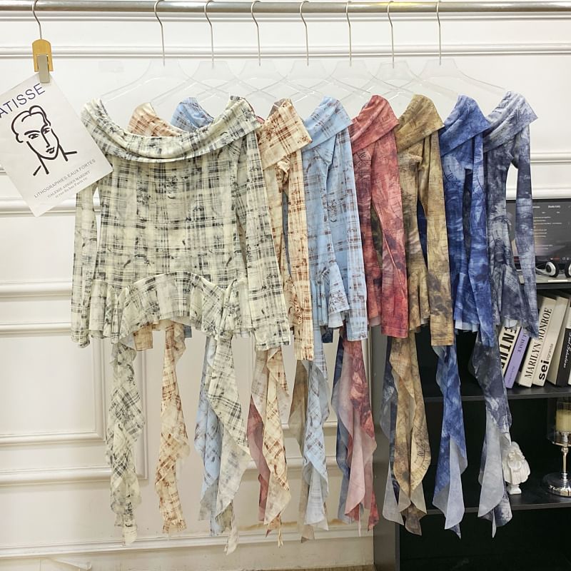 Tie-Dye Off-Shoulder Ruffle Edge Tee with Long Sleeves