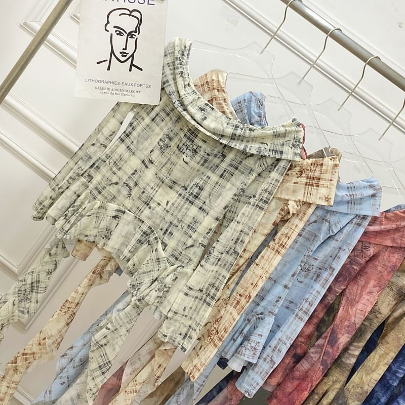 Tie-Dye Off-Shoulder Ruffle Edge Tee with Long Sleeves