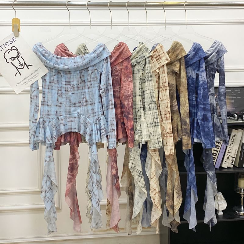 Tie-Dye Off-Shoulder Ruffle Edge Tee with Long Sleeves