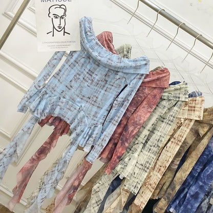 Tie-Dye Off-Shoulder Ruffle Edge Tee with Long Sleeves