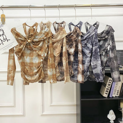 Plaid Tie-Dye Cold Shoulder Tee with Long Sleeves