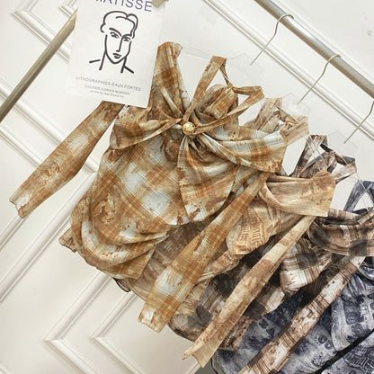 Plaid Tie-Dye Cold Shoulder Tee with Long Sleeves