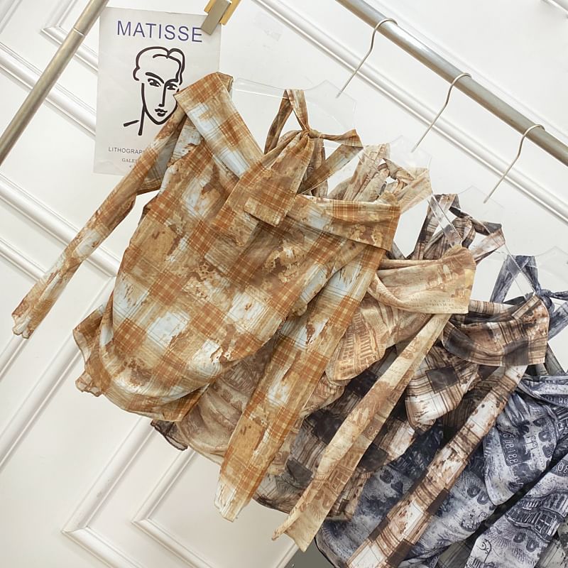 Plaid Tie-Dye Cold Shoulder Tee with Long Sleeves