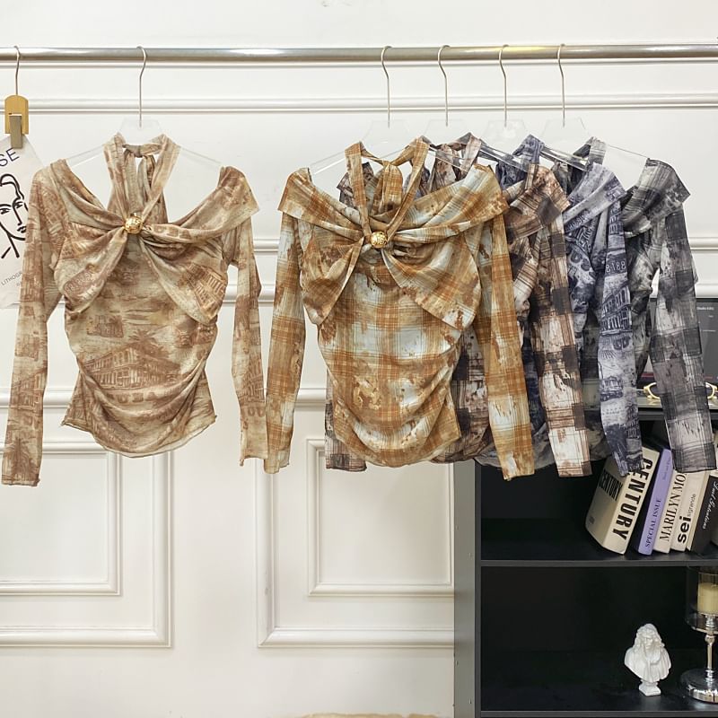 Plaid Tie-Dye Cold Shoulder Tee with Long Sleeves