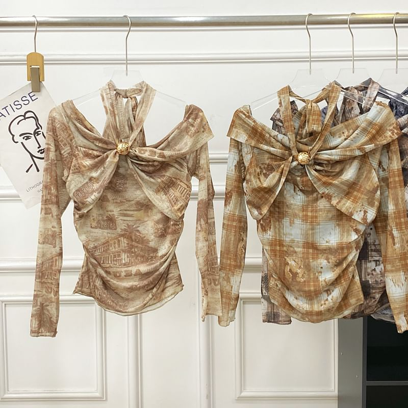 Plaid Tie-Dye Cold Shoulder Tee with Long Sleeves