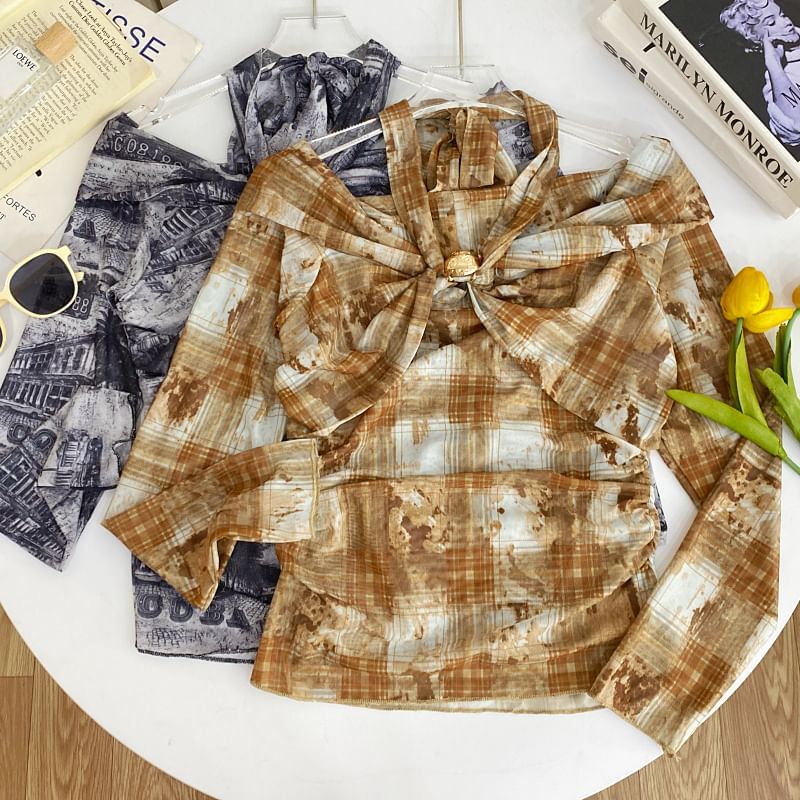 Plaid Tie-Dye Cold Shoulder Tee with Long Sleeves