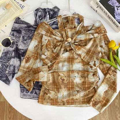 Plaid Tie-Dye Cold Shoulder Tee with Long Sleeves