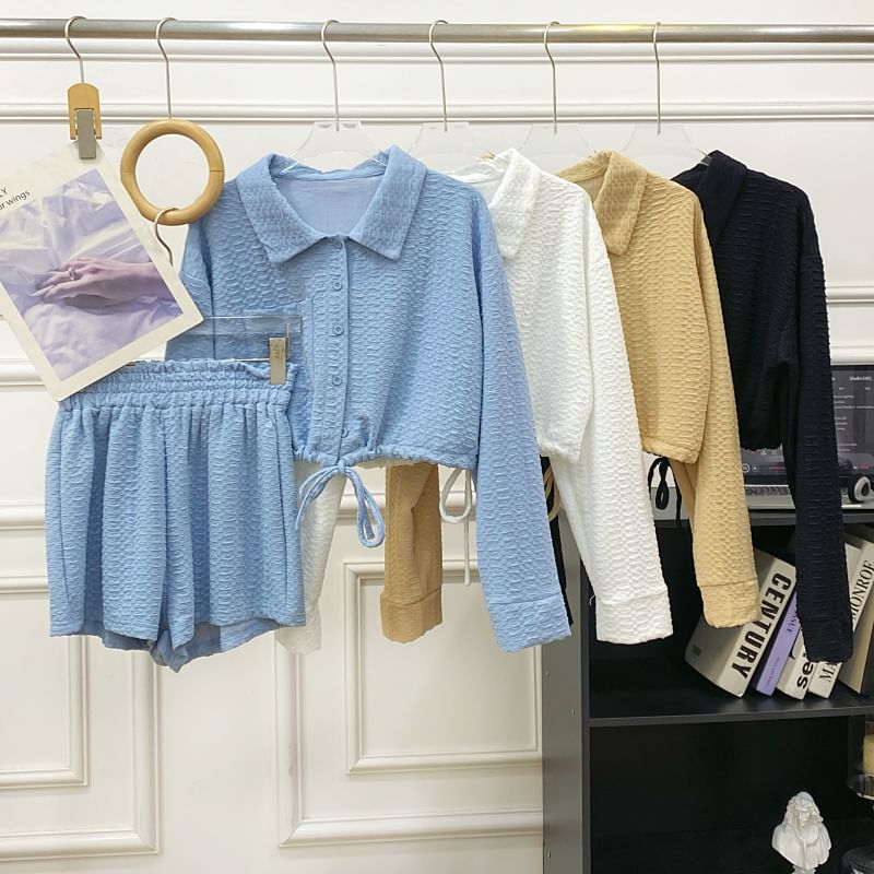 Matching Set: Buttoned Collar Crop Blouse & High-Rise Solid Shorts