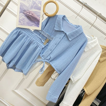 Matching Set: Buttoned Collar Crop Blouse & High-Rise Solid Shorts