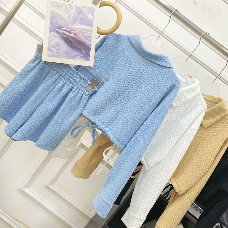 Matching Set: Buttoned Collar Crop Blouse & High-Rise Solid Shorts