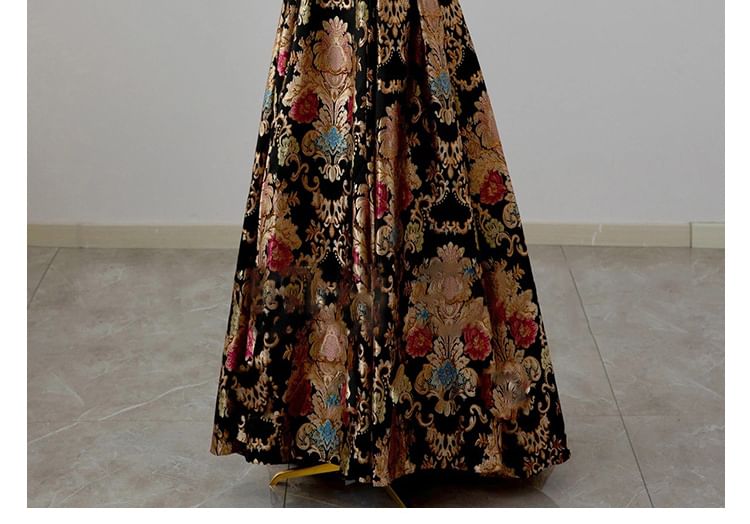 Sleeveless Floral Print A-Line Evening Gown