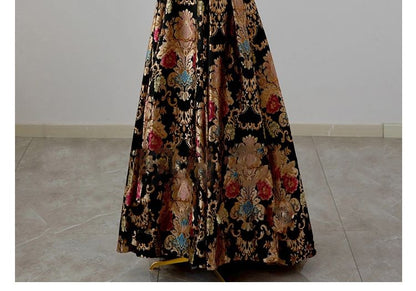 Sleeveless Floral Print A-Line Evening Gown