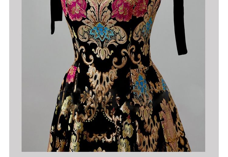 Sleeveless Floral Print A-Line Evening Gown