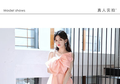 Sleeveless Bow Front Plain A-Line Evening Gown
