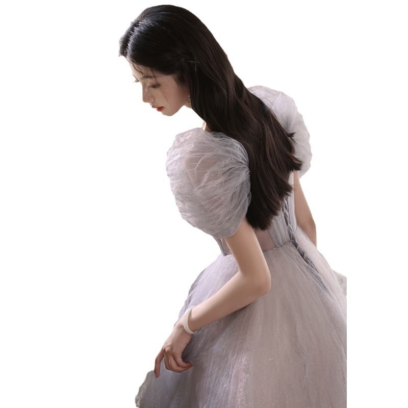 Short-Sleeve Mesh A-Line Evening Gown