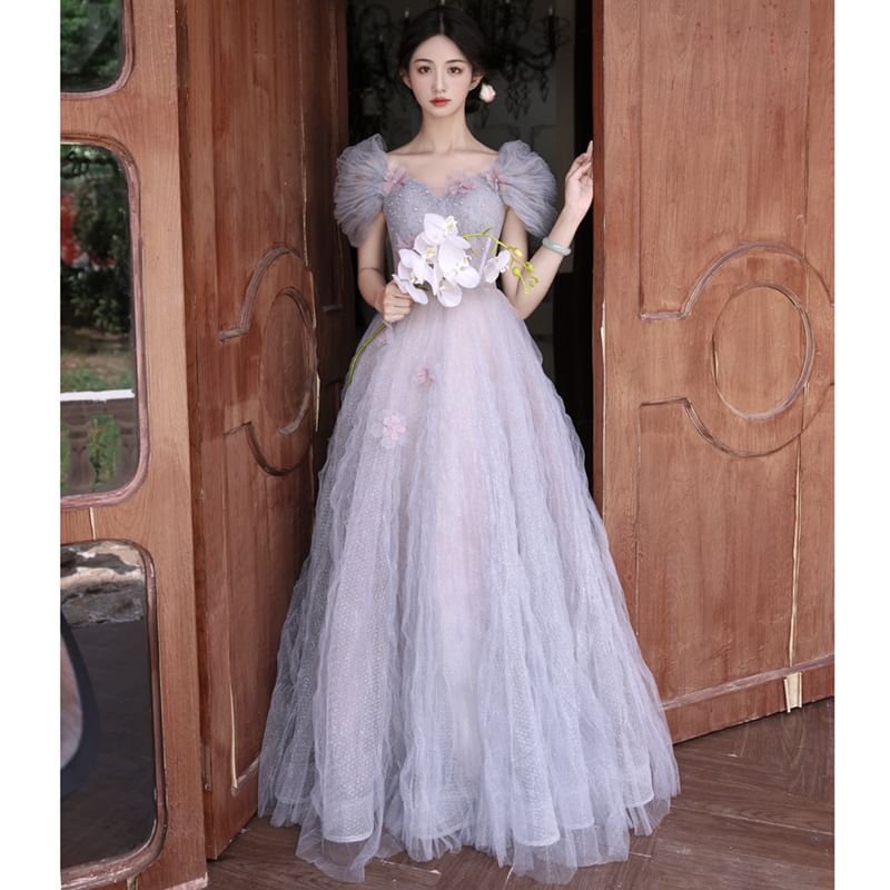 Short-Sleeve Mesh A-Line Evening Gown