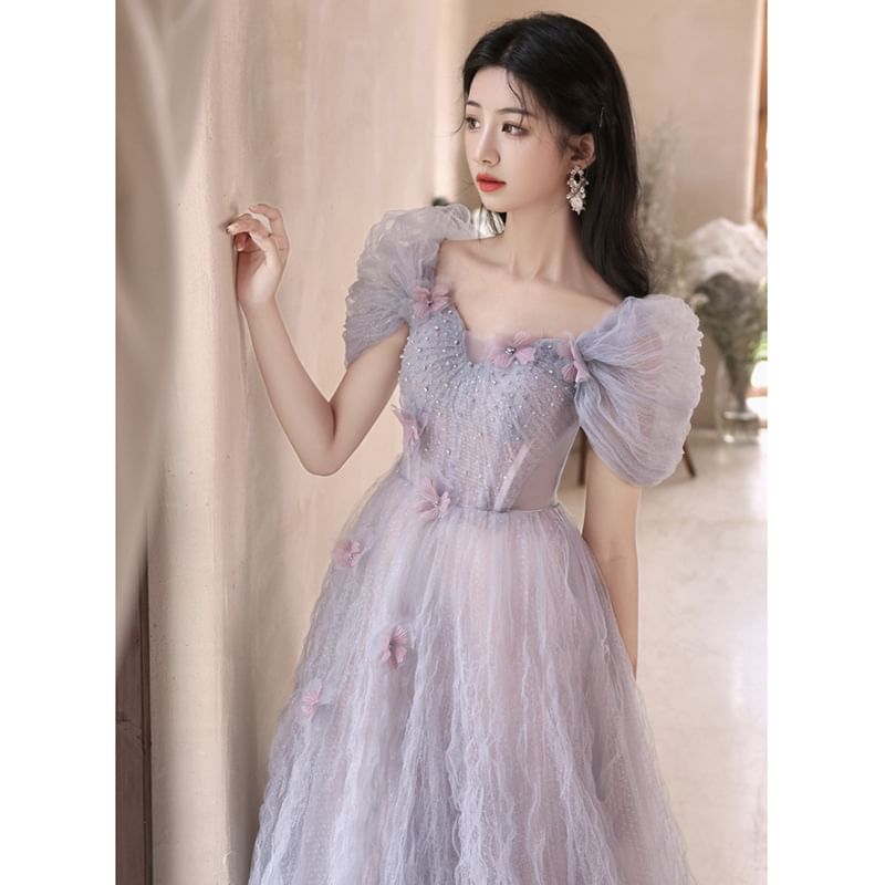 Short-Sleeve Mesh A-Line Evening Gown