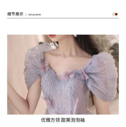 Short-Sleeve Mesh A-Line Evening Gown