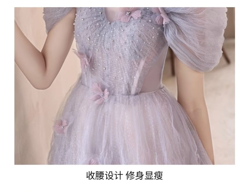 Short-Sleeve Mesh A-Line Evening Gown
