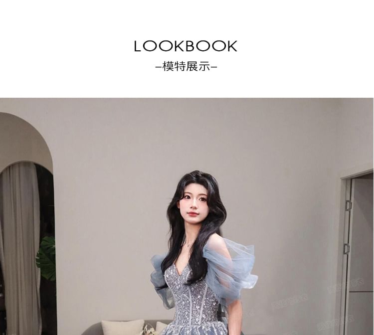 Gown A-Line Evening Ball V-Neck Short-Sleeve Mesh