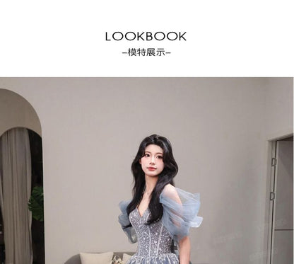 Gown A-Line Evening Ball V-Neck Short-Sleeve Mesh