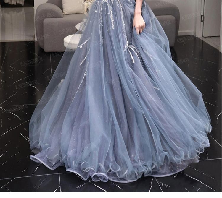 Gown A-Line Evening Ball V-Neck Short-Sleeve Mesh