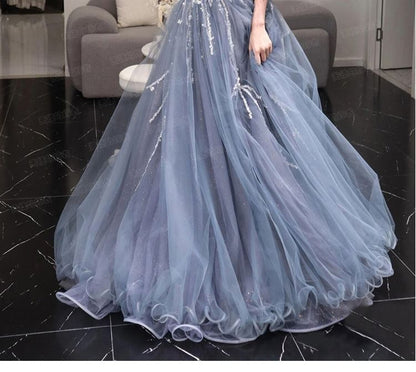 Gown A-Line Evening Ball V-Neck Short-Sleeve Mesh