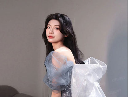 Gown A-Line Evening Ball V-Neck Short-Sleeve Mesh