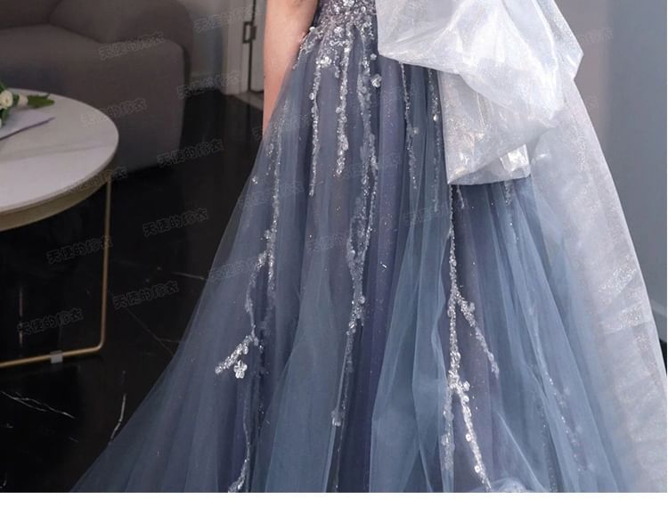 Gown A-Line Evening Ball V-Neck Short-Sleeve Mesh