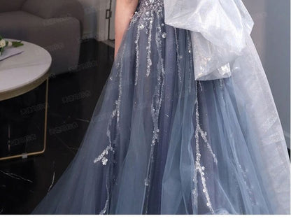 Gown A-Line Evening Ball V-Neck Short-Sleeve Mesh