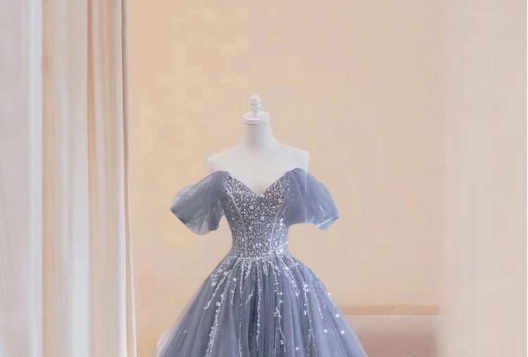 Gown A-Line Evening Ball V-Neck Short-Sleeve Mesh