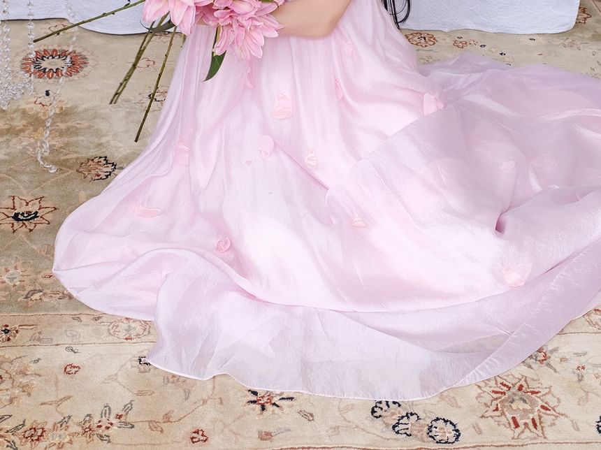 Sleeveless Floral Accent Mesh A-Line Evening Gown
