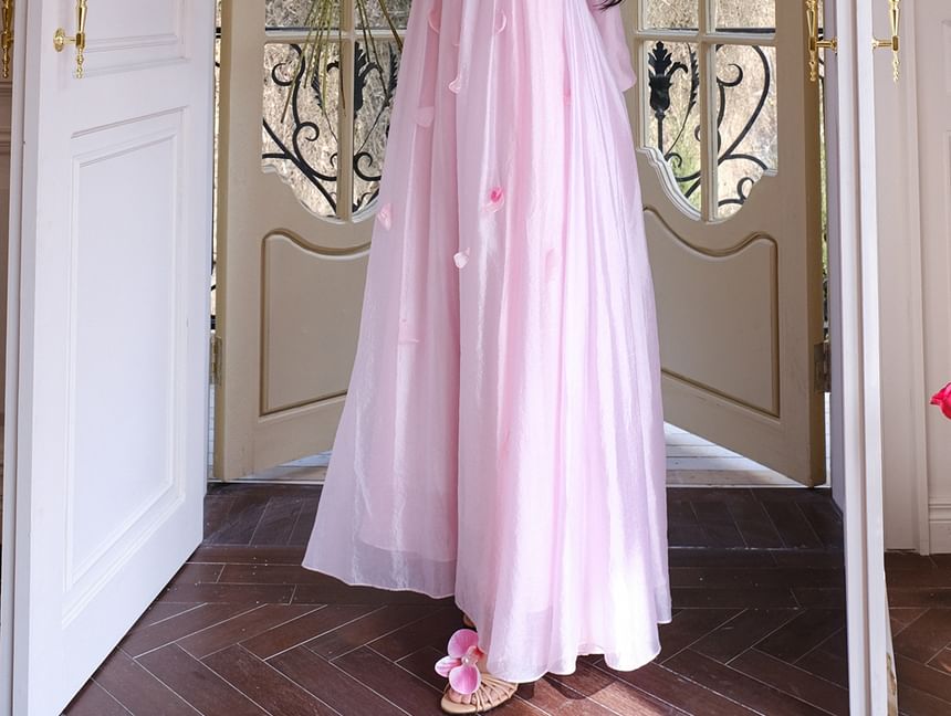 Sleeveless Floral Accent Mesh A-Line Evening Gown