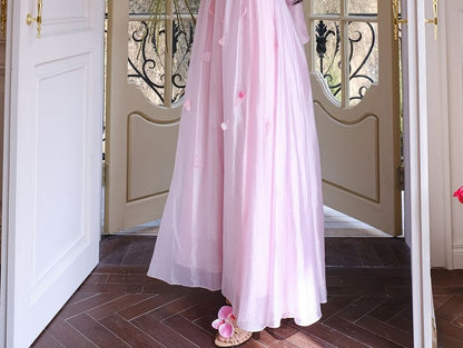 Sleeveless Floral Accent Mesh A-Line Evening Gown