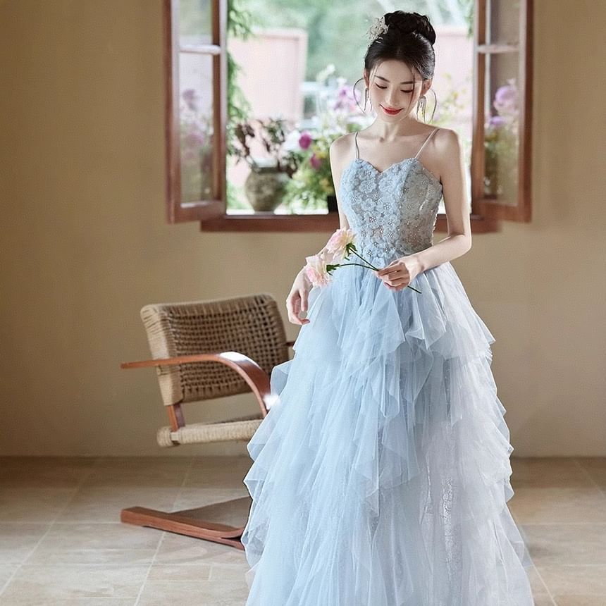 Spaghetti A-Line Gown Evening Lace Strap